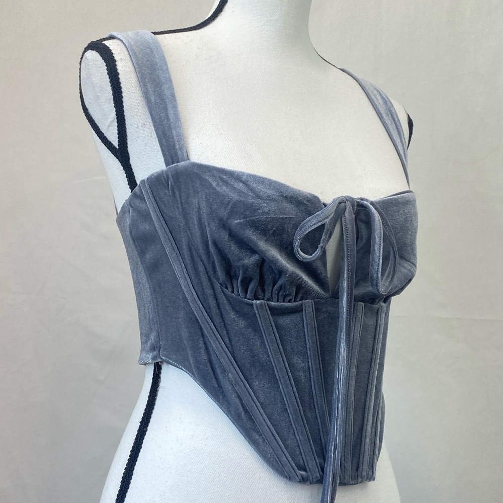 TIC TOC Dusty Blue Velvet Boned Corset Bustier Crop Top size Medium - Picture 7 of 17